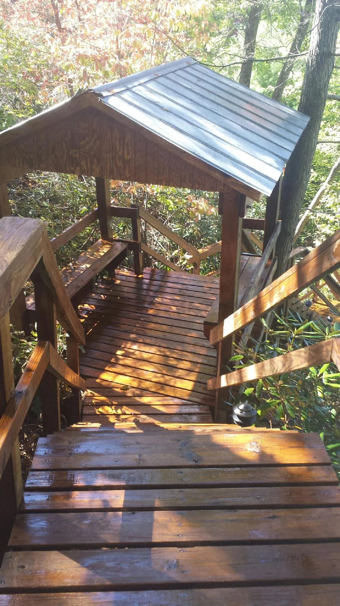 Freshly stained wood walkway and covered shelter with a metal roof in Bluffton